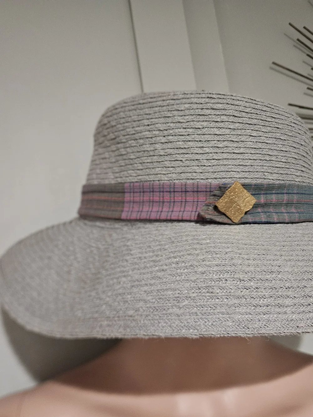 Wide Brim Hemp Blend Sun Hat Gray Plaid Band Lightweight Resort Boho - Picture 7 of 13
